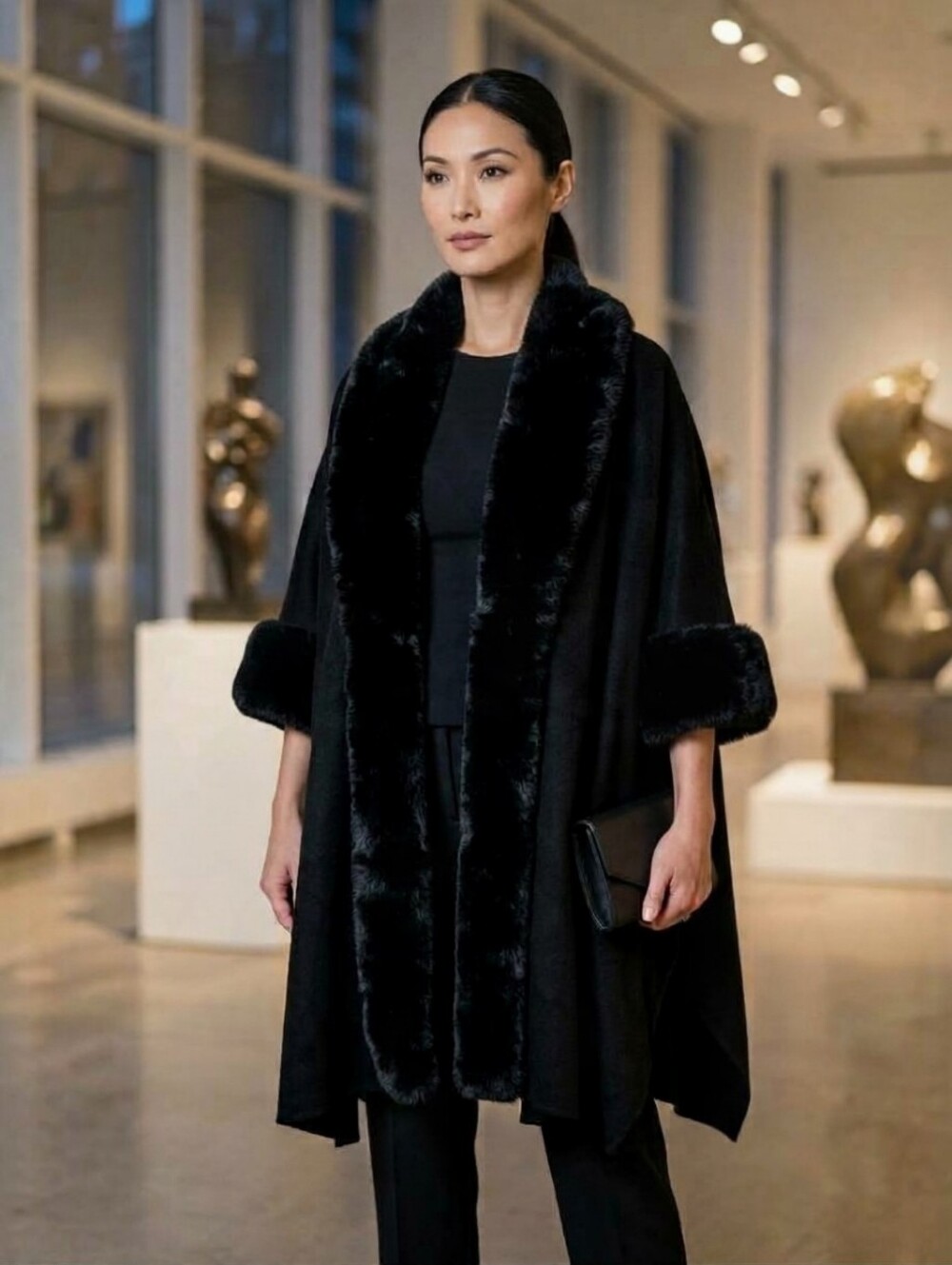 Elegant Black Faux Fur Trim Cape Poncho Luxe Draped Wrap  One Size